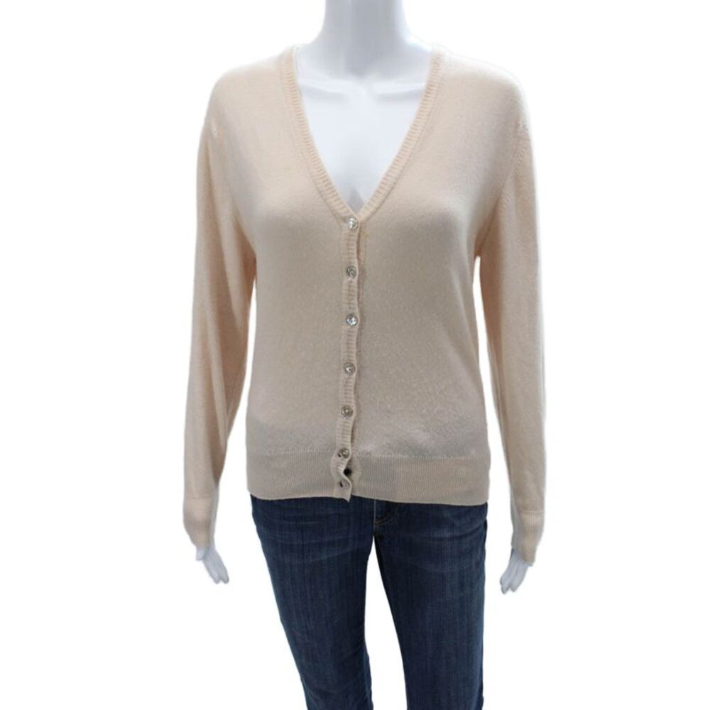 Barrie Women Beige V-Neck Button Cashmere Cardigan Long Sleeve Size M